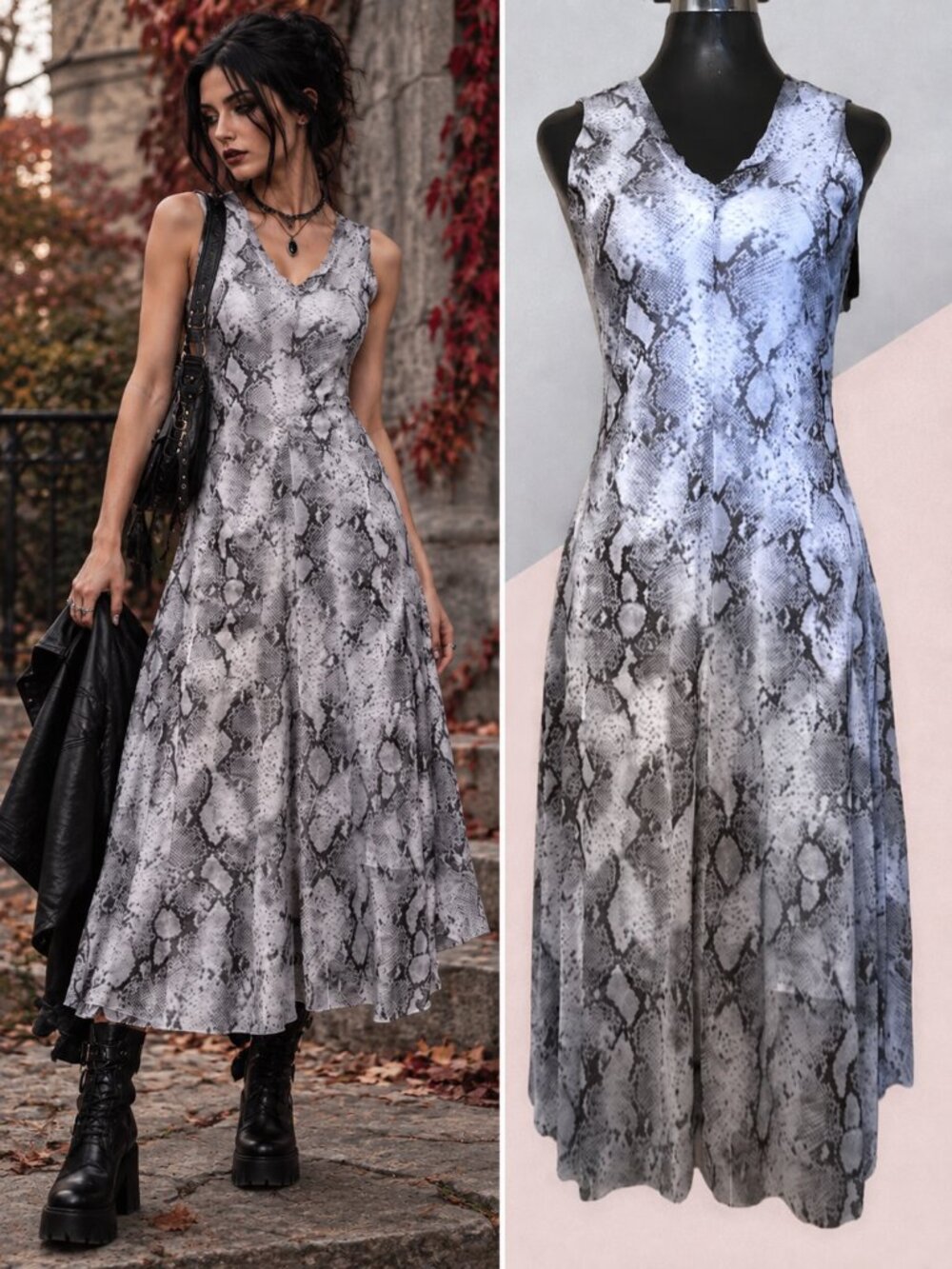 Tahari Gray White Python Print Sleeveless Midi Dress Fitted Flared Y2K Goth XS